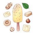 Set ice cream banana candy chocolate nuts. Hand drawing. Vector illustration Royalty Free Stock Photo