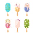 Set of Ice Cream Bar in Many Flavor. Ice Creams are Chocolate, Vanilla, Matcha and Strawberry with various Topping. Vector summer