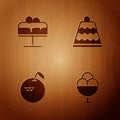 Set Ice cream in bowl, Cake on plate, Apple and on wooden background. Vector