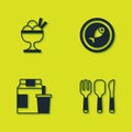 Set Ice cream in bowl, Fork, spoon and knife, Online ordering delivery and Served fish plate icon. Vector Royalty Free Stock Photo