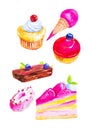 Set of ice cream,Bush, cake,muffin,sweet baskets,doughnuts and a piece of pie with blueberries. Watercolor illustration isolated