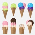 Set of Ice cream cone vector flat illustration. ice cream, chocolate and cones. Blueberry, Pistachio Royalty Free Stock Photo