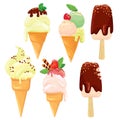 Set of Ice cream cones with glaze, Chocolate, strawberry and ch