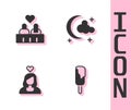 Set Ice cream, Couple in love, and Moon and stars icon. Vector