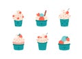 Set of ice cream in cup with strawberry, cherry, cinnamon stick. Summertime, hello summer. Hand drawn vector Royalty Free Stock Photo