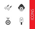 Set Ice cream, Dart arrow, Unicycle and Clown head icon. Vector