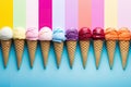 Set of Ice Cream with different tastes in various colorful cones arranged in a row on a colored bright pastel background Royalty Free Stock Photo