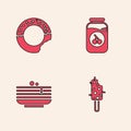 Set Ice cream, Donut, Cherry jam jar and Stack of pancakes icon. Vector