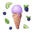 Set of ice cream with fruits including strawberry, kiwi, blueberry in waffle cones isolated vector illustration Royalty Free Stock Photo