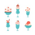 Set of ice cream in glass with strawberry, cherry, cinnamon stick. Summertime, hello summer. Hand drawn vector illustration Royalty Free Stock Photo