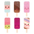 Set ice cream, ice lolly Kawaii with pink cheeks and winking eyes, pastel colors on white background. Vector