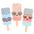 Set ice cream, ice lolly Kawaii with sunglasses pink cheeks and winking eyes, pastel colors isolated on white background. Vector