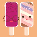 Set ice cream, ice lolly Kawaii with sunglasses pink cheeks and winking eyes, pastel colors on light peat orange background. Vecto