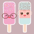 Set ice cream, ice lolly Kawaii with sunglasses pink cheeks and winking eyes, pastel colors on light pink rosybrown background. Ve