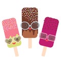 Set ice cream, ice lolly Kawaii with sunglasses pink cheeks and winking eyes, pastel colors on white background. Vector