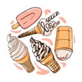 Set of ice cream icons vector doodle illustration in a circle. Kids collection of sunblind and popsicle in cone in a