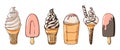 Set of ice cream icons vector doodle illustration. Kids collection of sunblind and popsicle in cone isolated on white