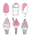 Set of ice cream pink icons vector doodle illustration. Kids summer collection of sunblind and in cone isolated on white