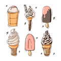 Set of ice cream icons vector doodle illustration. Kids summer collection of sunblind and in cone isolated on white