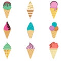 Set Ice cream illustration. Ice cream watered with chocolate and vanilla Royalty Free Stock Photo