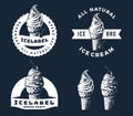 Set of ice cream logo, emblems and badges isolated on dark blue background