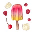 Set of Ice cream made of fresh fruits, popsicle banana raspberry cherry