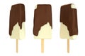 set of 3 ice cream with melt chocolate on wooden stick isolated Royalty Free Stock Photo