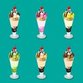 Set of Ice cream Parfait with red cherry on top in six flavor Royalty Free Stock Photo