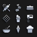 Set Ice cream, Pastry bag, Chef hat, Electric mixer, Kitchen whisk and bowl, Waffle, Cake and rolling pin icon. Vector