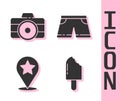 Set Ice cream, Photo camera, Map pointer with star and Swimming trunks icon. Vector