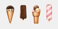 Set of ice cream popsicles wafer cones with scoops. Realistic icecream, eskimo sundae, fruit gelato