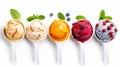 Set of ice cream scoops of different colors and flavors with berries. generative ai Royalty Free Stock Photo