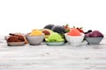 Set of ice cream scoops of different colors and flavours with berries, chocolate and fruits Royalty Free Stock Photo