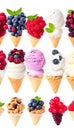 Set of ice cream scoops of different colors and flavours with berries, nuts and fruits decoration isolated on white background, AI Royalty Free Stock Photo