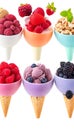 Set of ice cream scoops of different colors and flavours with berries, nuts and fruits decoration isolated on white background, AI Royalty Free Stock Photo