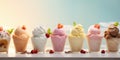 Set of ice cream scoops of different colors and flavours with berries, nuts and fruits. Generative AI Royalty Free Stock Photo