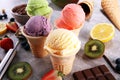 Set of ice cream scoops of different colors and flavours