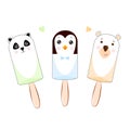 Set of ice cream on a stick funny little animals panda, bear and penguin Royalty Free Stock Photo