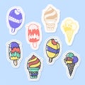 Set of ice cream stickers, pins, patches and handwritten collection in cartoon style. Funny greetings for clothes, card, badge,