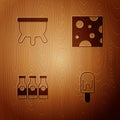 Set Ice cream, Udder, Bottle with milk and Cheese on wooden background. Vector