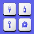 Set Ice cream in waffle, Bottle of wine, Old key and Pope hat icon. White square button. Vector