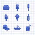 Set Ice cream in waffle cone, Asian noodles bowl, and chopsticks, Hotdog sandwich, Scrambled eggs, and Burger icon