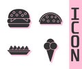 Set Ice cream in waffle cone, Burger, Nachos in plate and Taco with tortilla icon. Vector