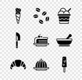 Set Ice cream in waffle cone, Coffee beans, bowl, Croissant, Pudding custard, Knife and Piece cake icon. Vector Royalty Free Stock Photo