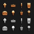 Set Ice cream in waffle cone, Coffee cup to go, Lollipop, Grilled shish kebab, Burger, Corn dog, and Stack pancakes icon