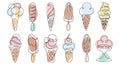 Set of ice creams of different types, black outline with colored spots in pastel colors. Line art, decor elements