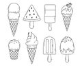 Set of ice creams in doodle style. Vector illustration. Linear style.