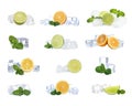 Set of ice cubes, mint and citrus fruits on background Royalty Free Stock Photo