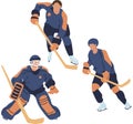 Set Ice hockey player flat vector illustration. Adult young man in uniform holding hockey stick cartoon character. Professional Royalty Free Stock Photo