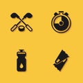 Set Ice hockey sticks and puck, Flippers for swimming, Fitness shaker and Stopwatch icon with long shadow. Vector